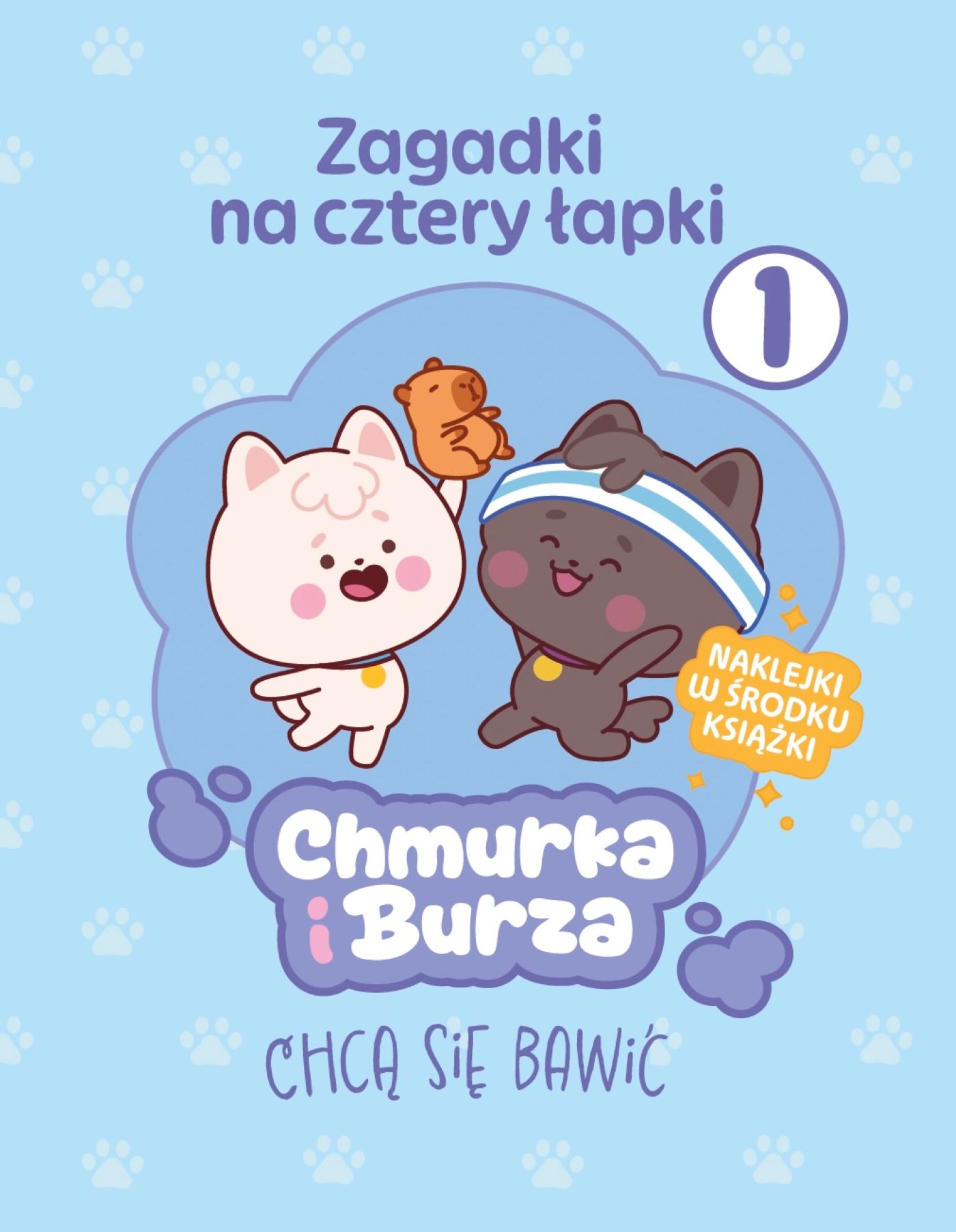 Okładka książki Zagadki na cztery łapki z Wydawnictwa Agora dla dzieci, przedstawiająca pieski Chmurkę i Burzę na tle ogrodu