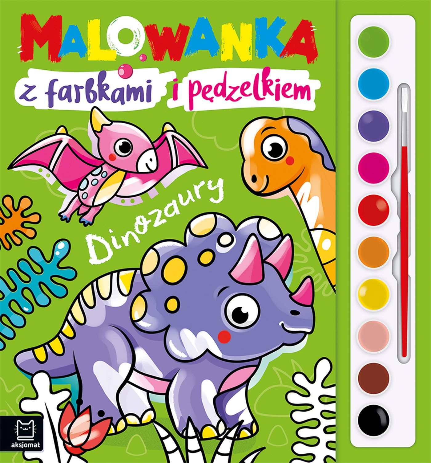 Malowanka Dinozaury z 24 stronami i zestawem 10 kolorów farb oraz pędzelkiem AKSJOMAT