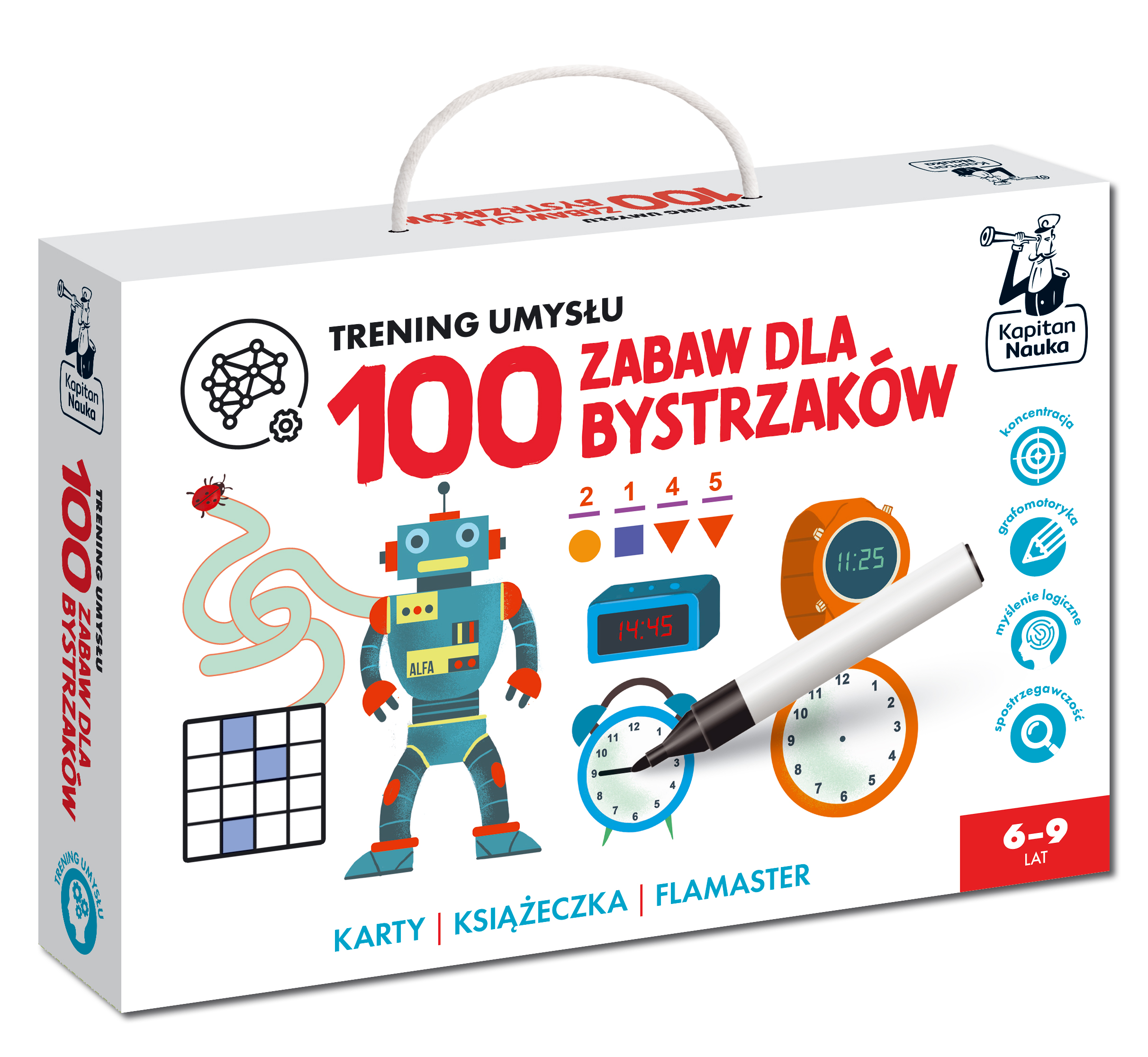 Zestaw edukacyjny 100 zabaw dla bystrzaków Kapitan Nauka – karty ścieralne i flamaster