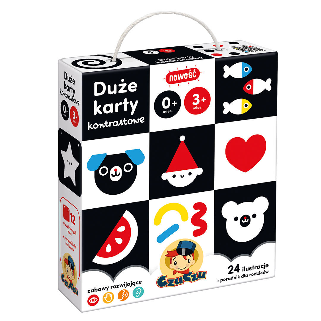 Duże karty kontrastowe dla niemowląt 0+ Bright Junior Media z 24 ilustracjami na sznurku