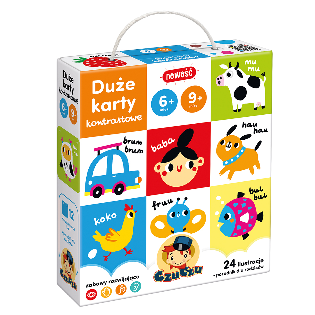 Duże karty kontrastowe 6–9 mies. Bright Junior Media – okładka książeczki sensorycznej wspierającej rozwój niemowląt