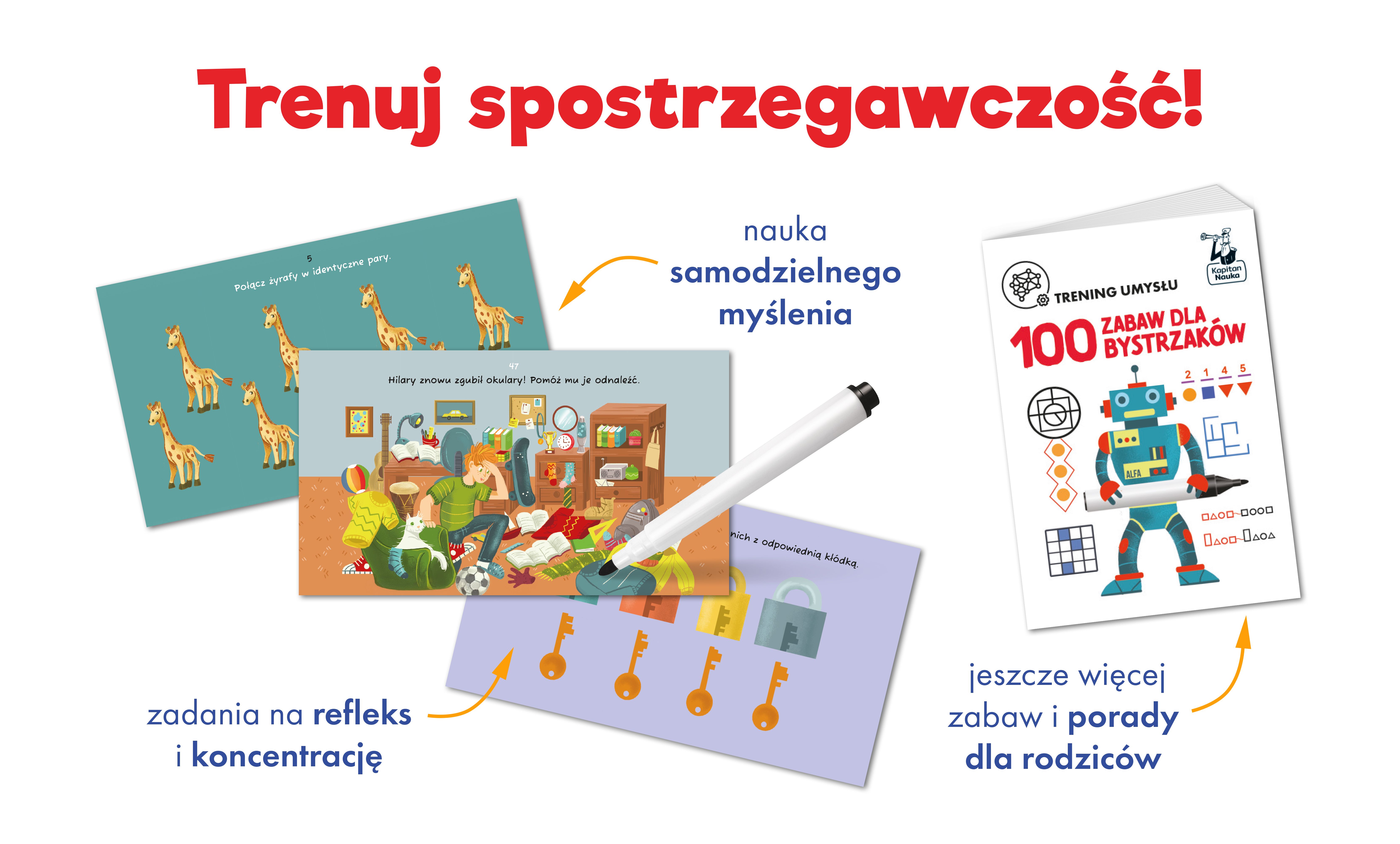 Karty edukacyjne 100 zabaw dla bystrzaków z ilustracjami i łamigłówkami
