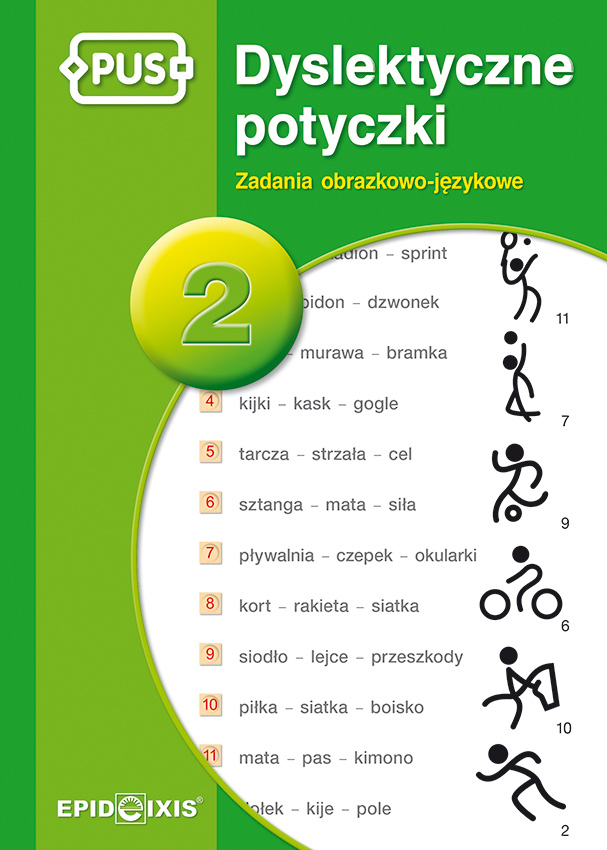PUS Dyslektyczne potyczki 2 EPIDEIXIS, okładka książeczki z zadaniami obrazkowo-językowymi