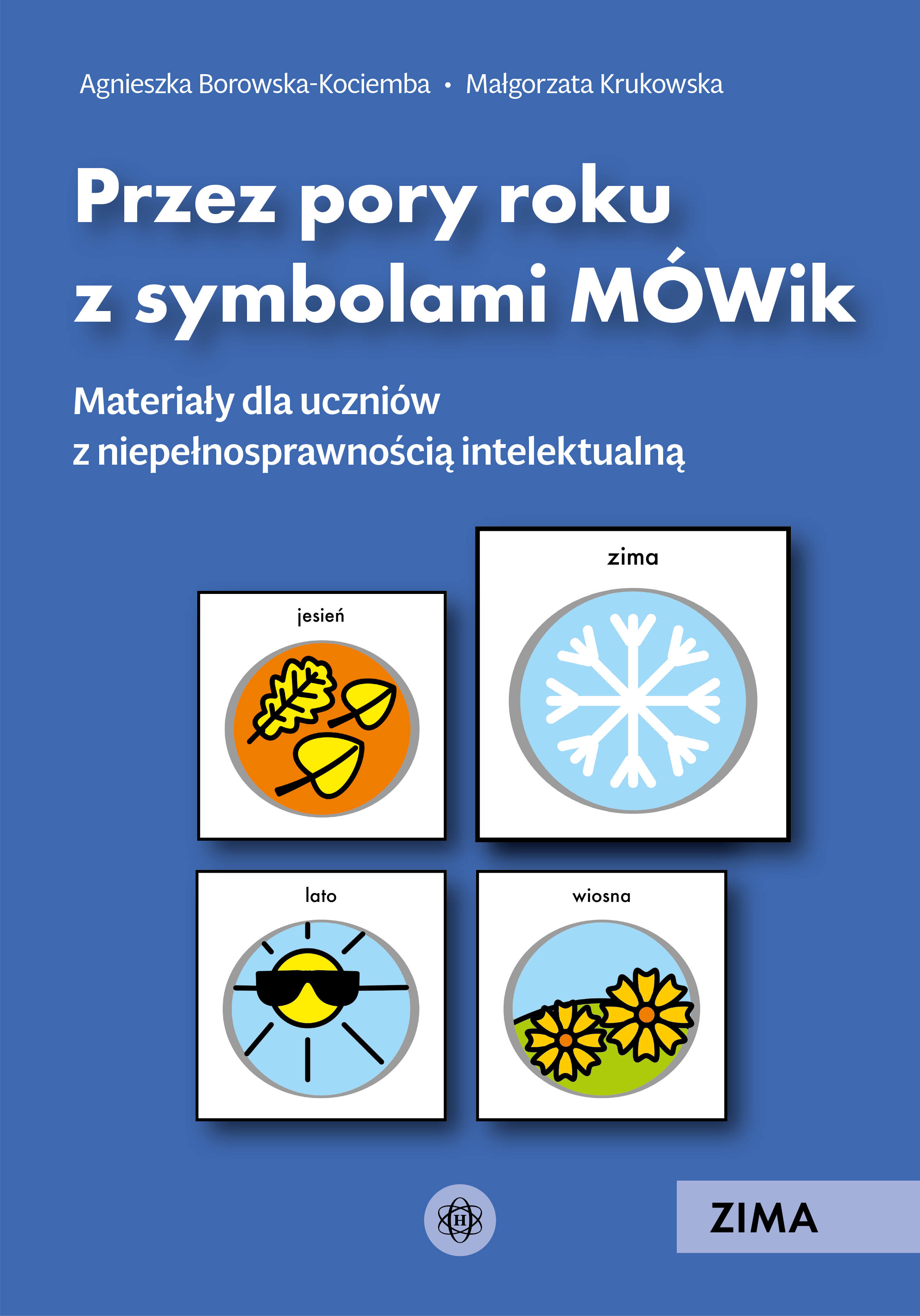 Okładka książki Przez pory roku z symbolami MÓWik. Zima wydawnictwa Harmonia podręczniki