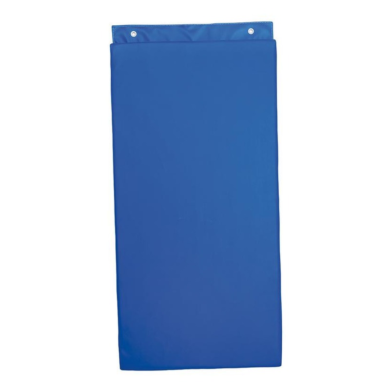 Niebieski piankowy materac na ścianę 120 x 60 x 3,5 cm, pokryty ekoskórą z widocznymi otworami do zawieszania