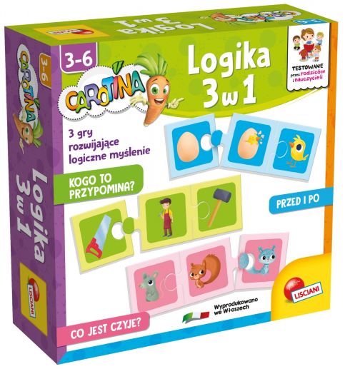 Logika 3w1 Carotina Lisciani, gra edukacyjna z kolorowymi obrazkami i minipuzzlami