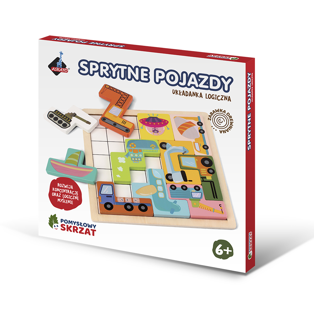Drewniana układanka logiczna Pomysłowy Skrzat Sprytne Pojazdy ASKATO z 20 zadaniami dla dzieci