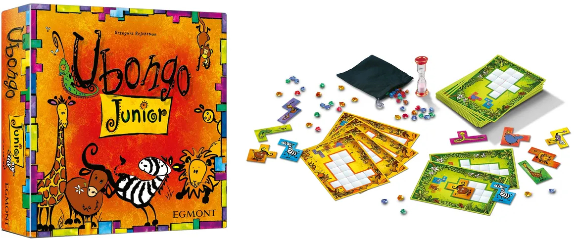 Ubongo Junior gra planszowa Egmont PAP z kolorowymi zwierzętami na planszy 295x295 mm