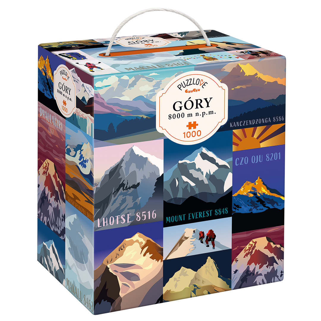 Puzzle rodzinne Puzzlove Góry 8000 m n.p.m. - widok pudełka i ułożonej układanki