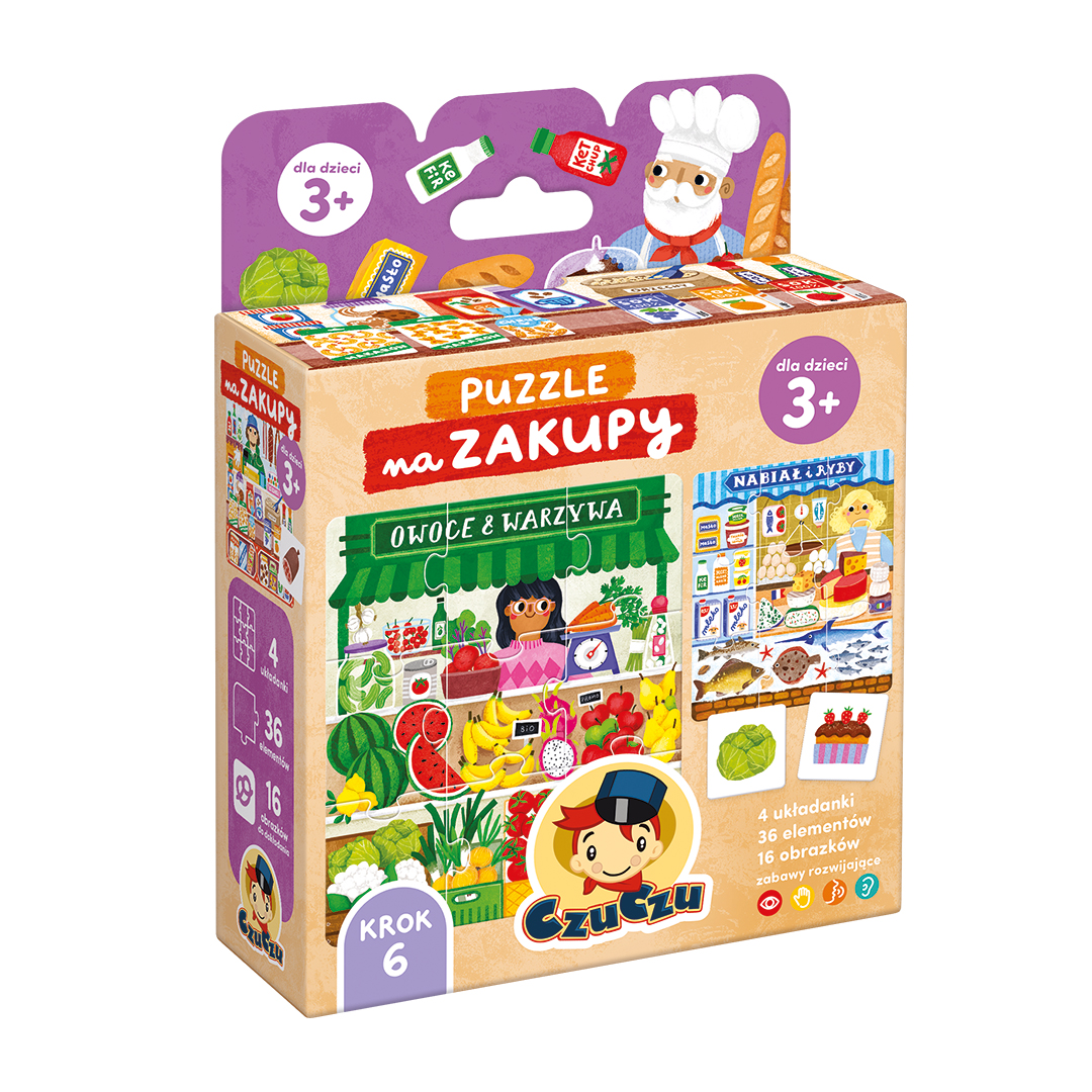 Puzzle Na zakupy 4w1 z 36 elementami i 16 obrazkami od Bright Junior Media