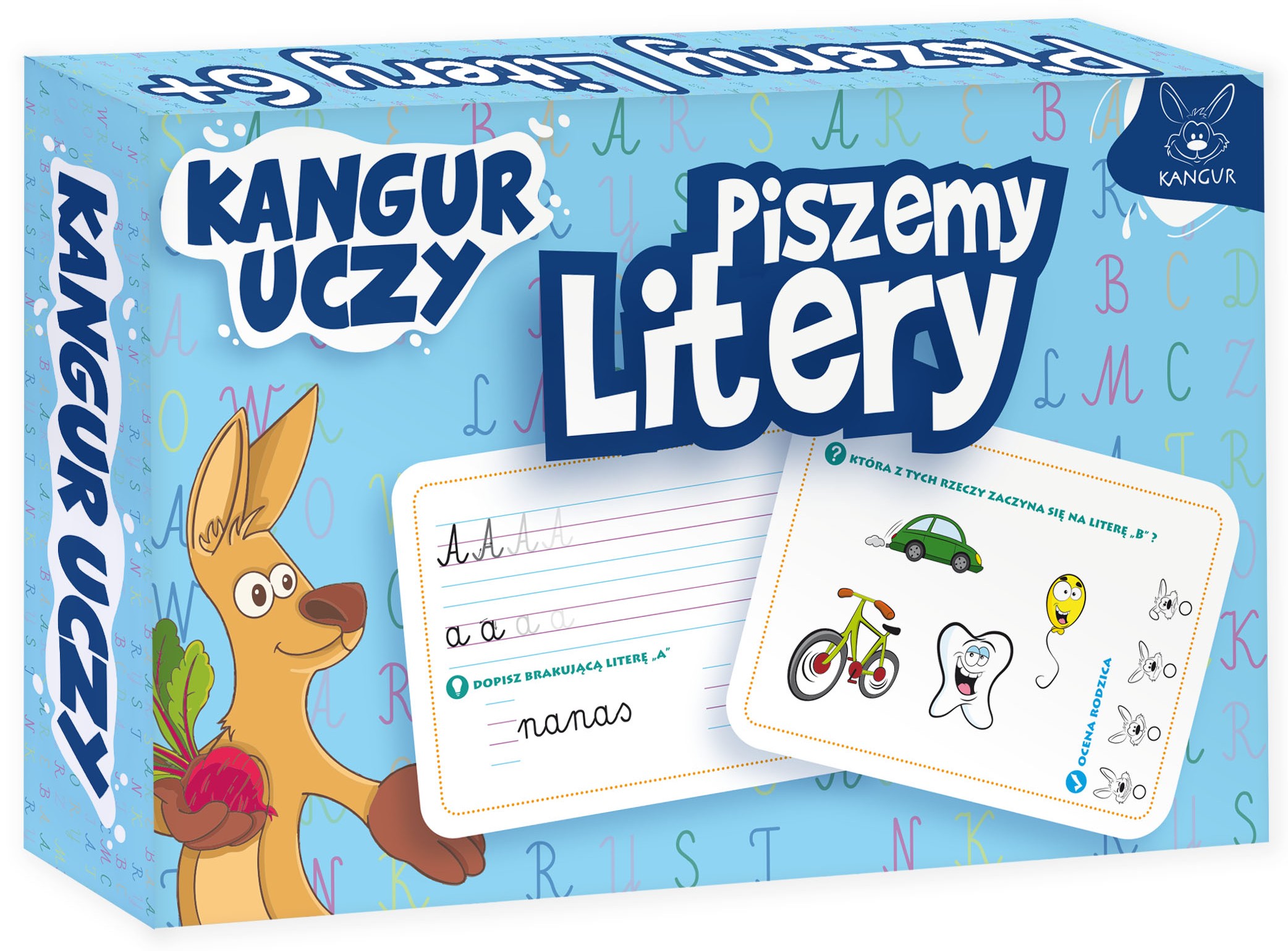 Karty i zadania w edukacyjnej grze Kangur Uczy. Piszemy litery dla dzieci 6 plus