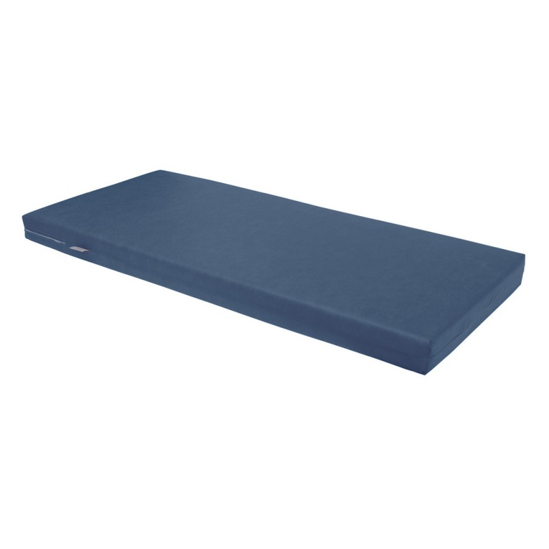 Granatowy materac nieprzemakalny 130 x 60 x 8 cm, widok z góry pokazujący pokrowiec Spunbond i sylwetkę produktu