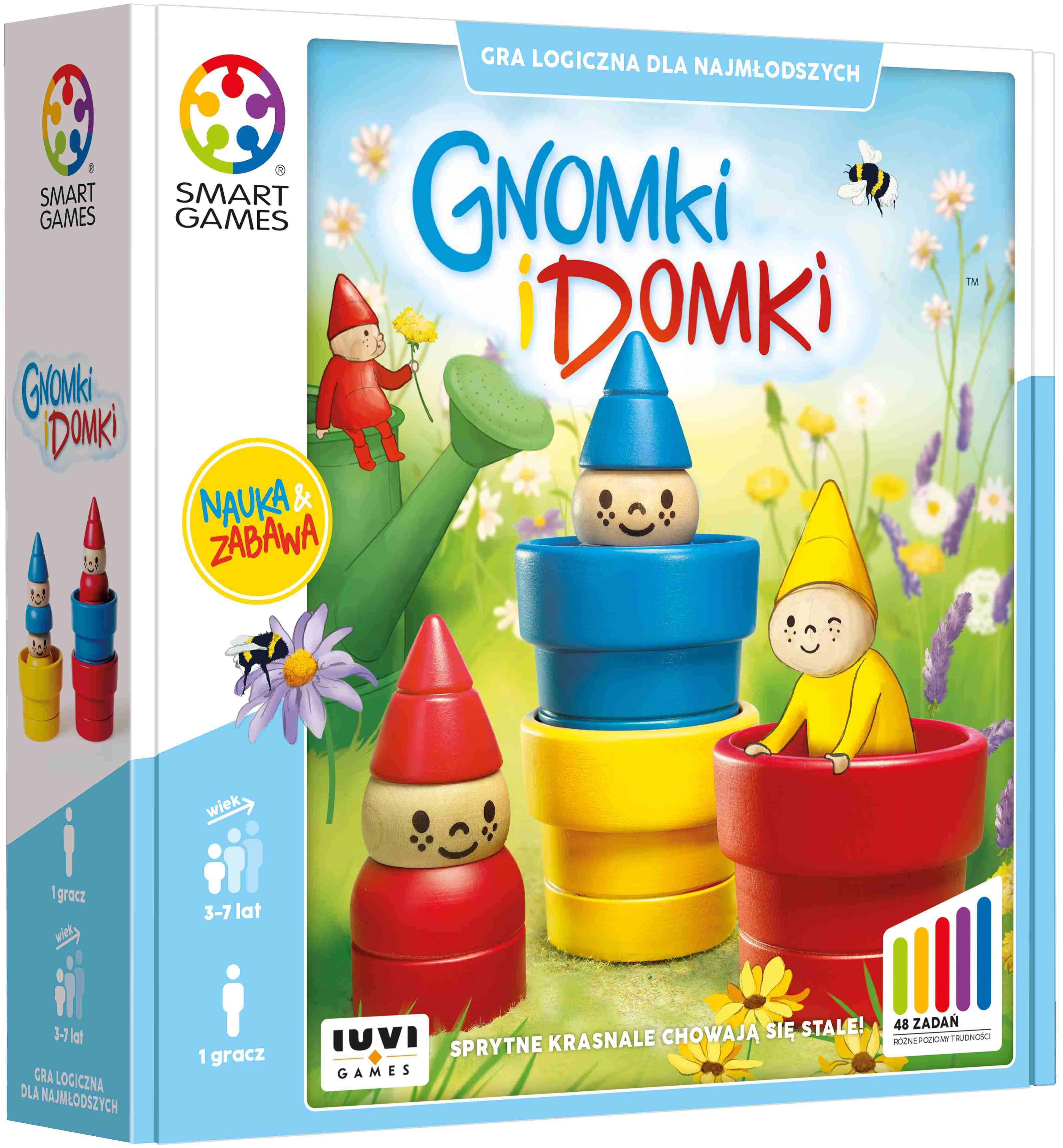 Drewniana gra logiczna Gnomki i Domki z trzema gnomami i 48 zadaniami