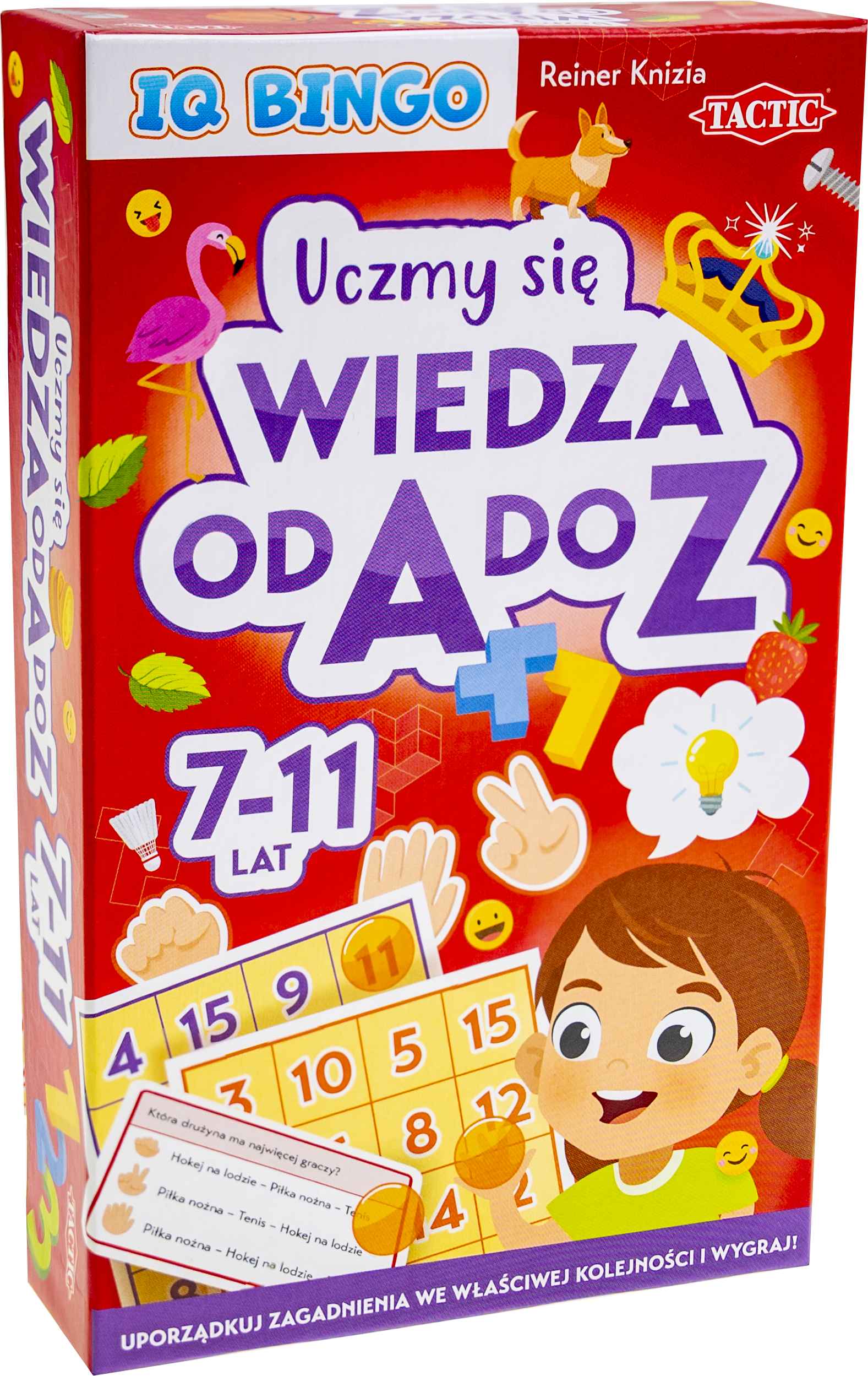 Karty z zadaniami, plansze bingo i żetony z gry edukacyjnej IQ Bingo Tactic Games.
