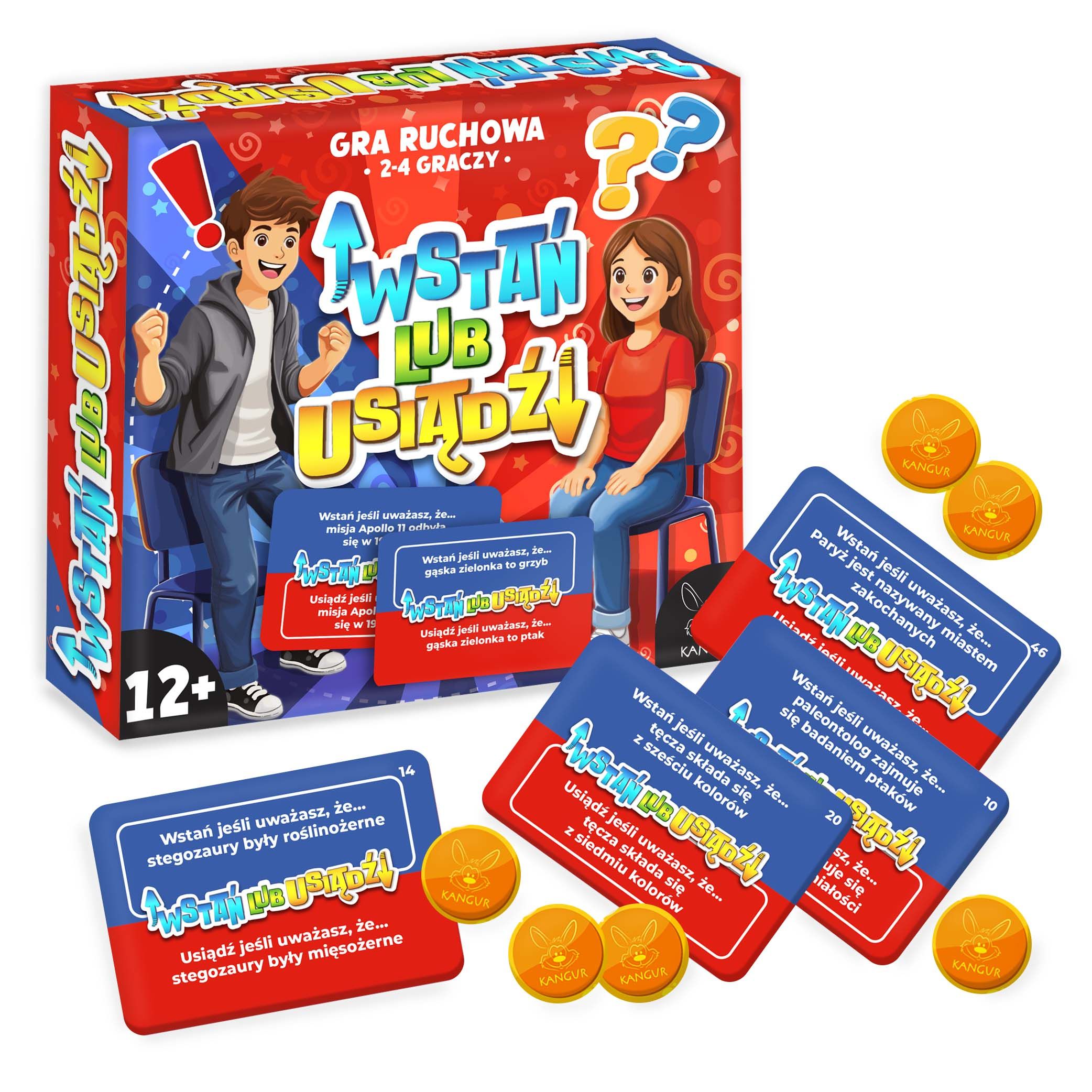 Gra ruchowa Wstań lub Usiądź KANGUR - quiz wiedzy i aktywności 12+ format 172x185 mm