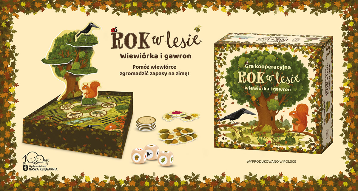 Plansza i elementy gry Rok w lesie – Wiewiórka i gawron, kooperacyjna gra dla dzieci od 4 lat