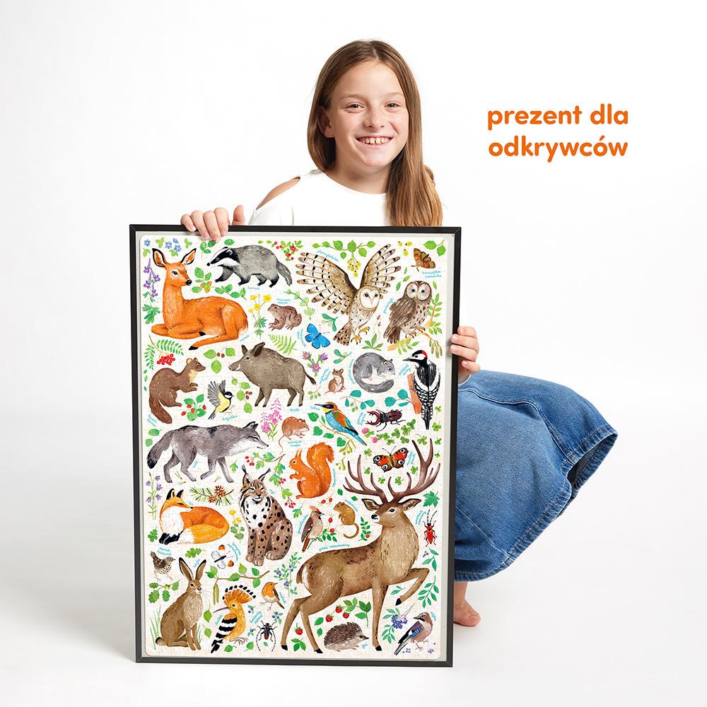 Plakat edukacyjny do puzzli Dzika przyroda z ilustracjami zwierząt leśnych
