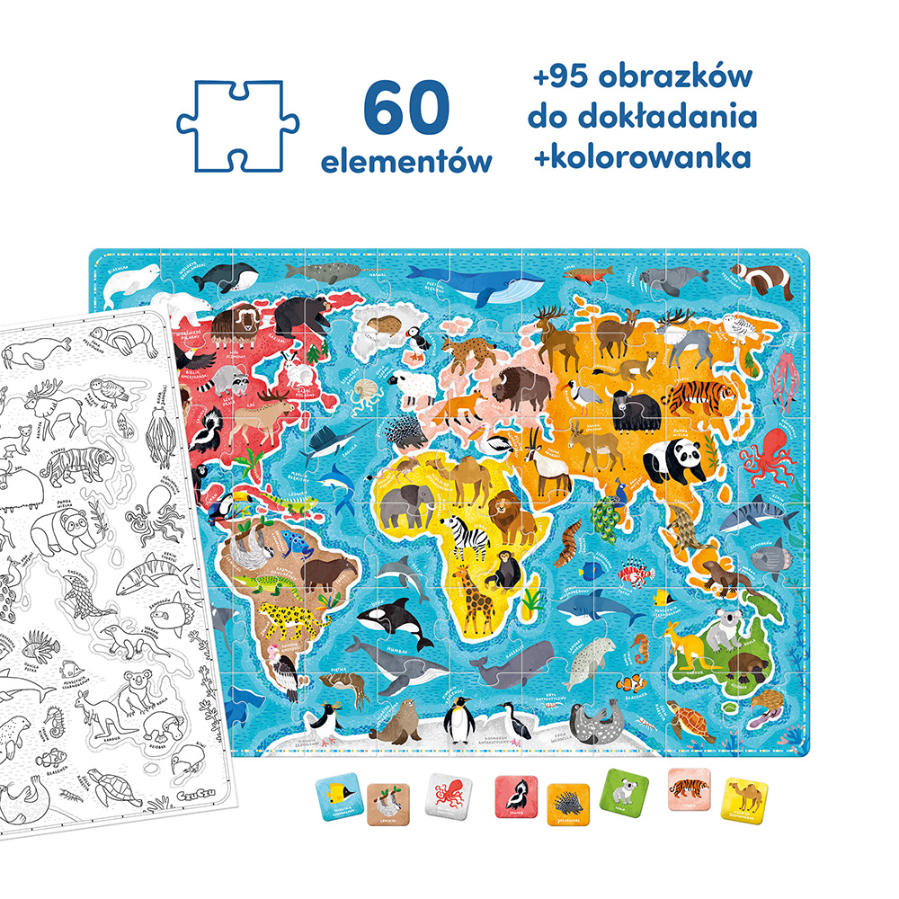 Zestaw edukacyjnych puzzli Zwierzęta świata z 95 obrazkami do wyszukiwania i kolorowanką