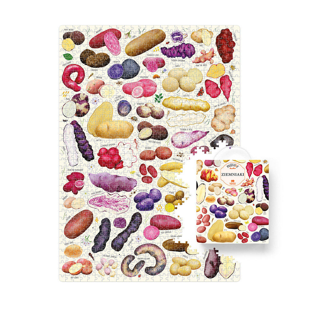 Widok ułożonych puzzli Puzzlove Ziemniaki 48x68 cm z różnymi gatunkami ziemniaków