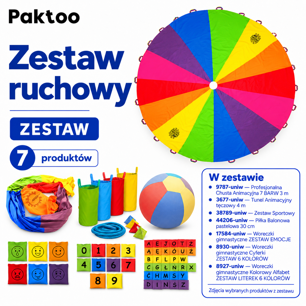 Zestaw do Zabaw Animacyjnych MAXI Akson - chusta animacyjna 7 BARW o średnicy 3 m
