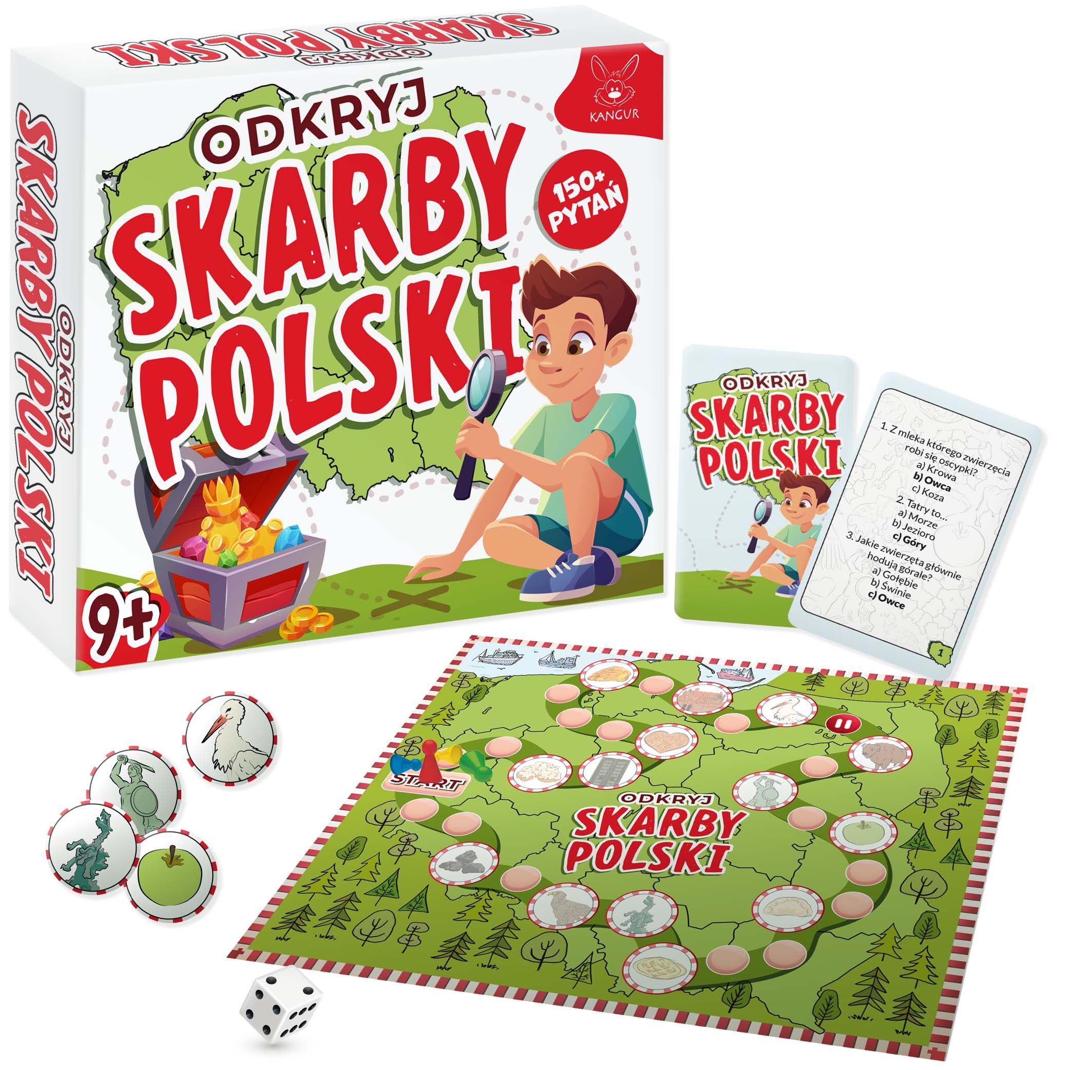 Edukacyjna gra Odkryj Skarby Polski KANGUR - plansza i elementy gry