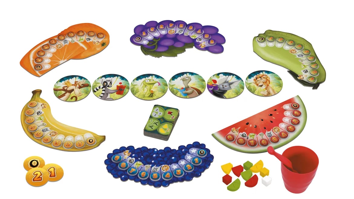 Elementy gry Fruit Cup - kolorowe owoce i łyżeczka do usuwania elementów