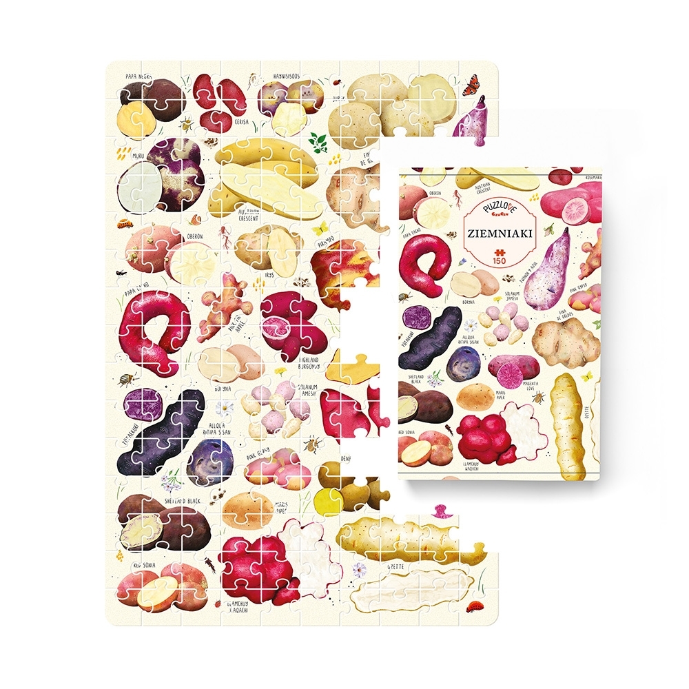 Puzzle Ziemniaki Bright Junior Media - widok elementów i pudełka o wymiarach 18 x 12 x 4,5 cm