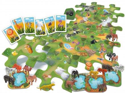 Elementy gry Szukaj i Znajdź Safari: plansze-wodopoje, figurki zwierząt i karty