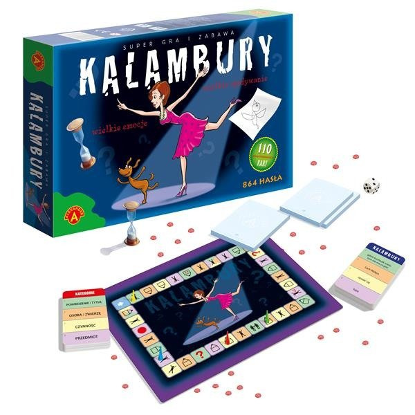Kalambury gra towarzyska ALEXANDER GRY – pudełko i elementy gry