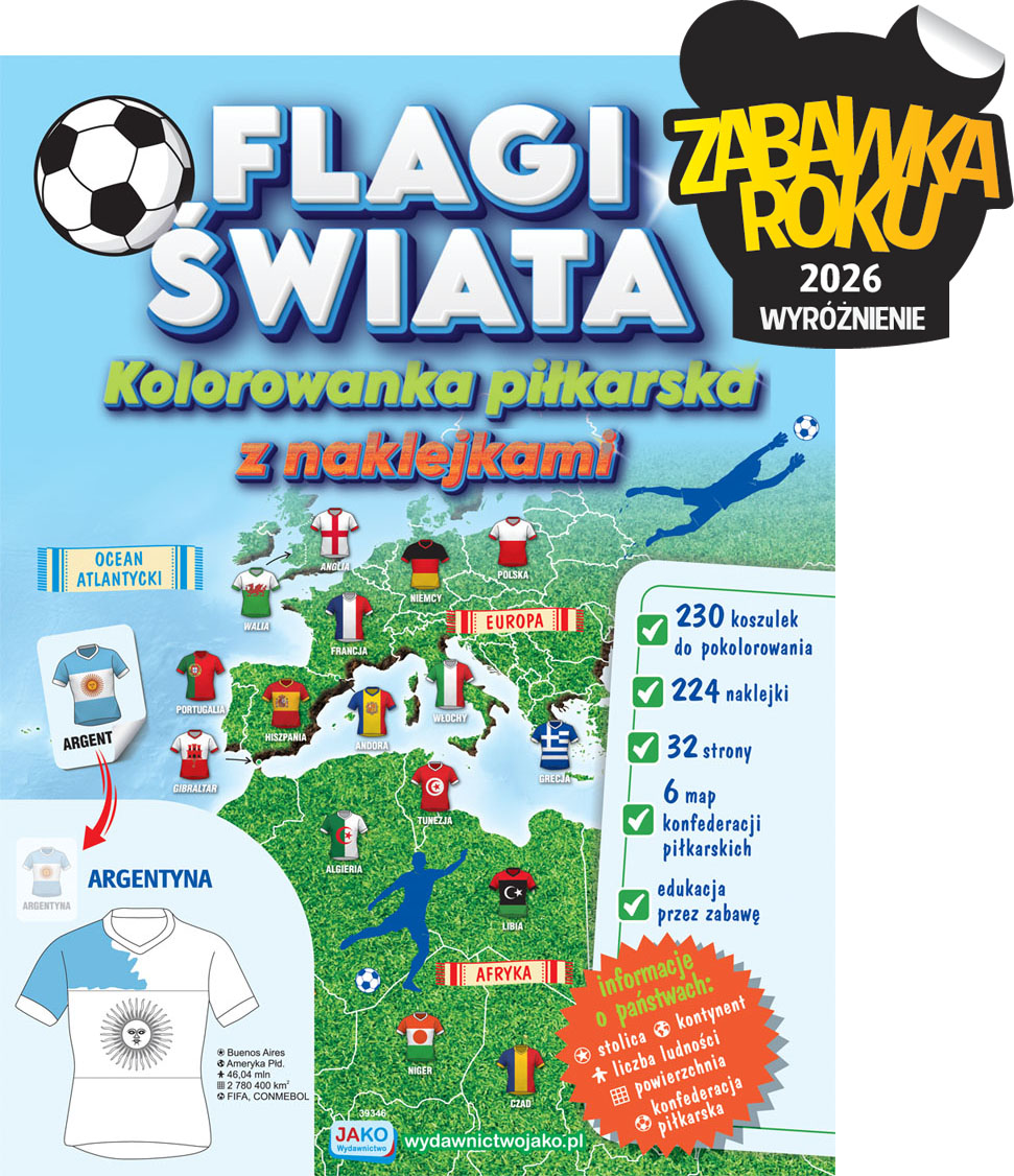 Flagi świata JAKO – piłkarska kolorowanka z koszulkami i naklejkami