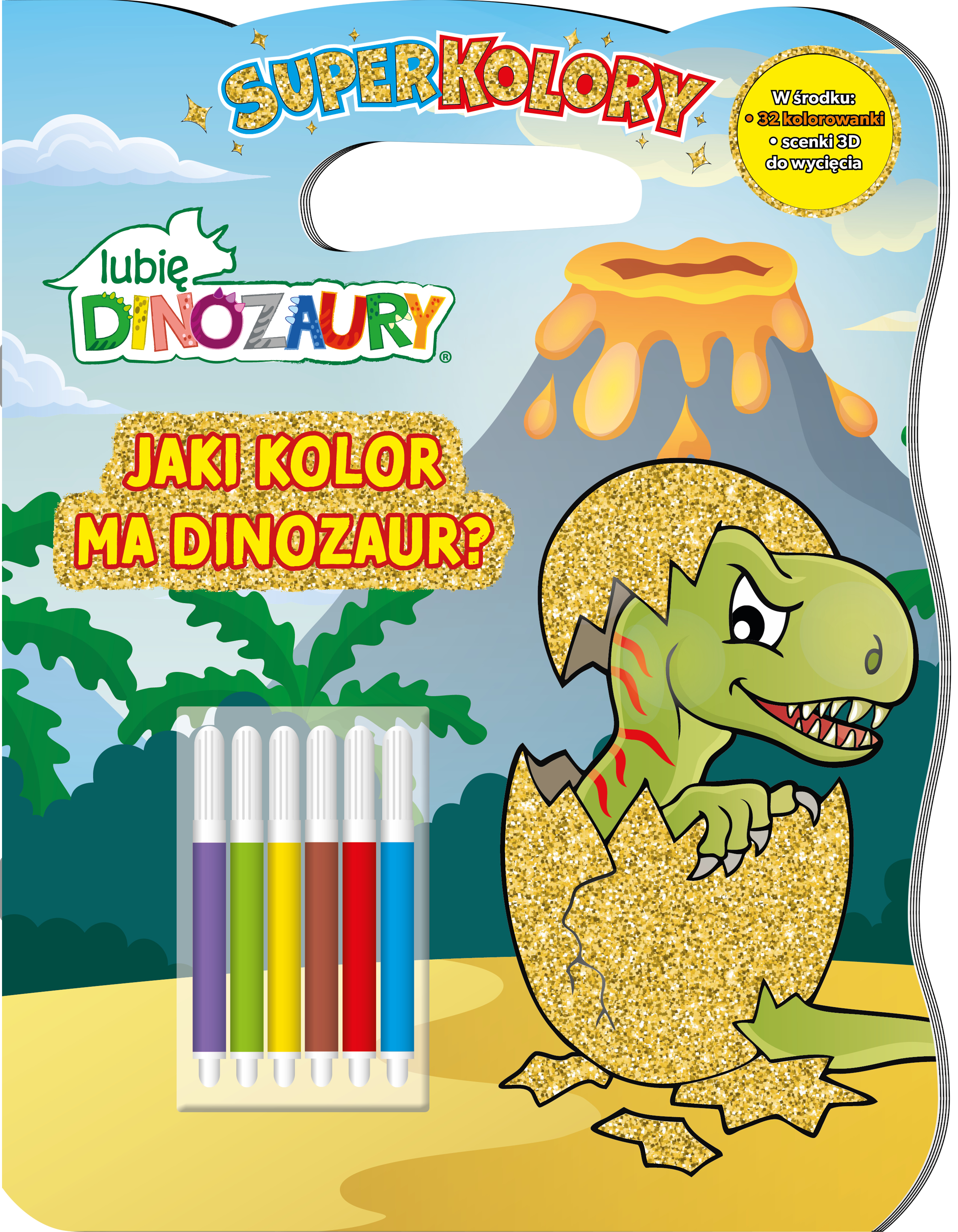 Kolorowanka z dinozaurami dla dzieci 3+ z 6 flamastrami i scenkami 3D