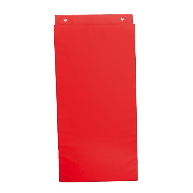 Czerwony materac na ścianę 120 x 60 x 3,5 cm, pokrycie z ekoskóry i widoczne otwory montażowe do zawieszania