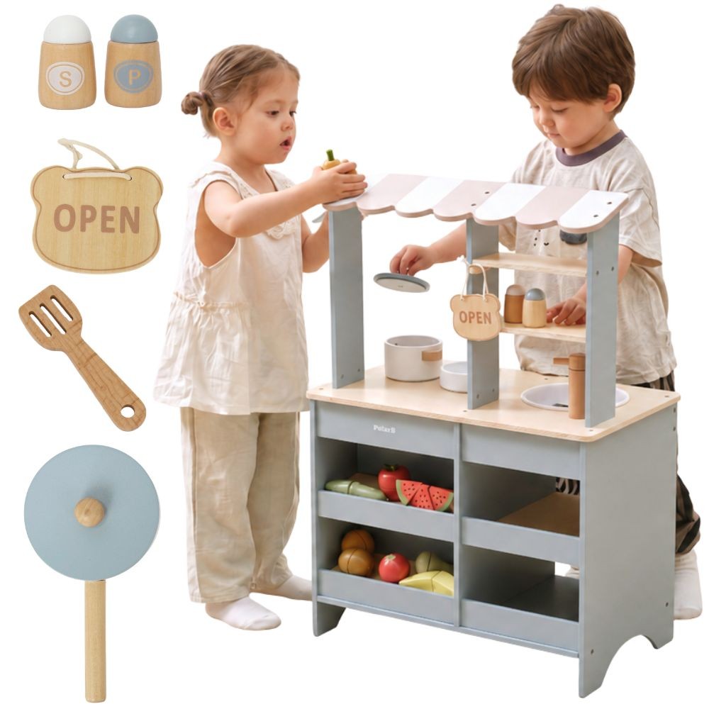 Drewniana kuchnia i sklep 2w1 Viga Toys z pastelową kolorystyką i akcesoriami