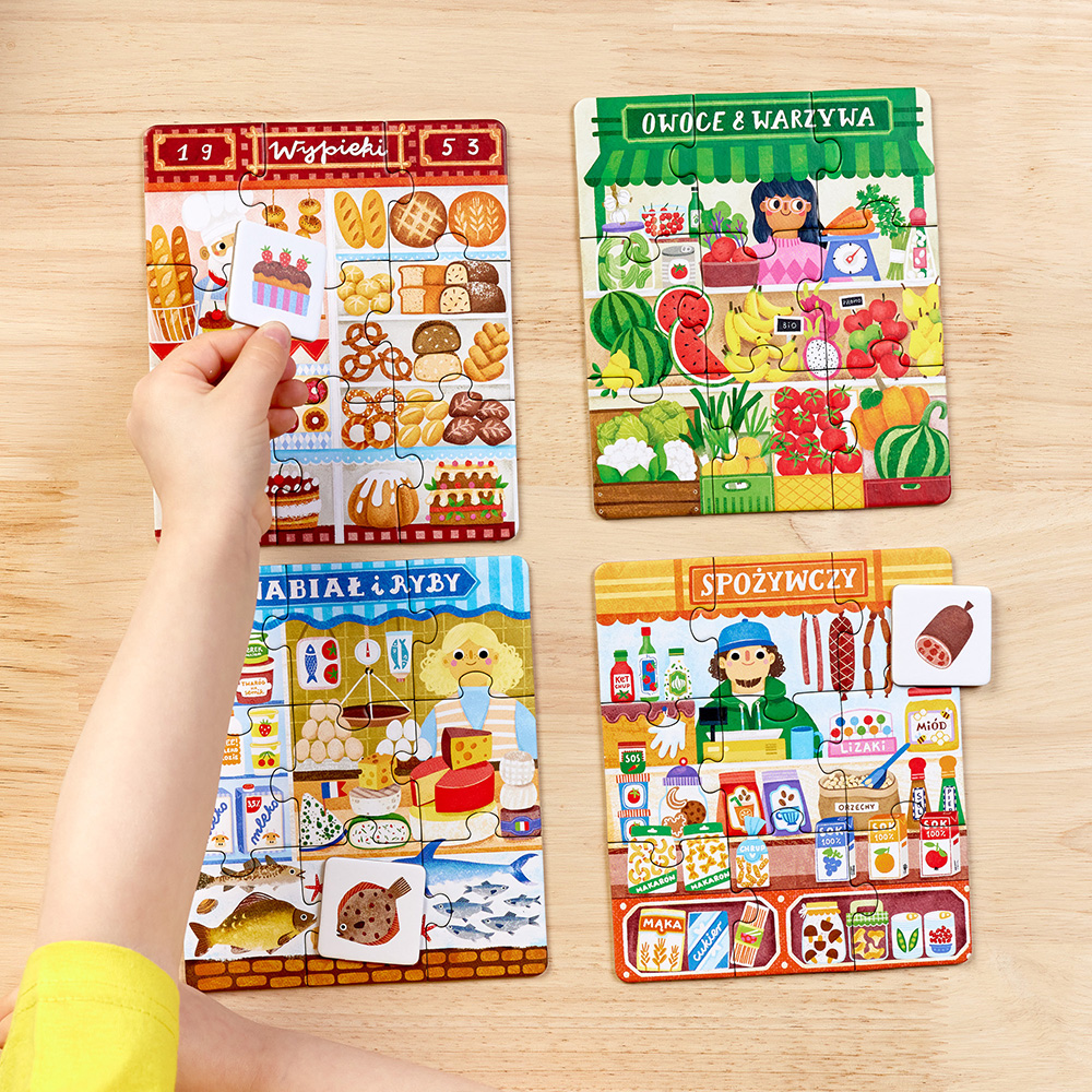 Elementy edukacyjnych puzzli Na zakupy 4w1 od Bright Junior Media