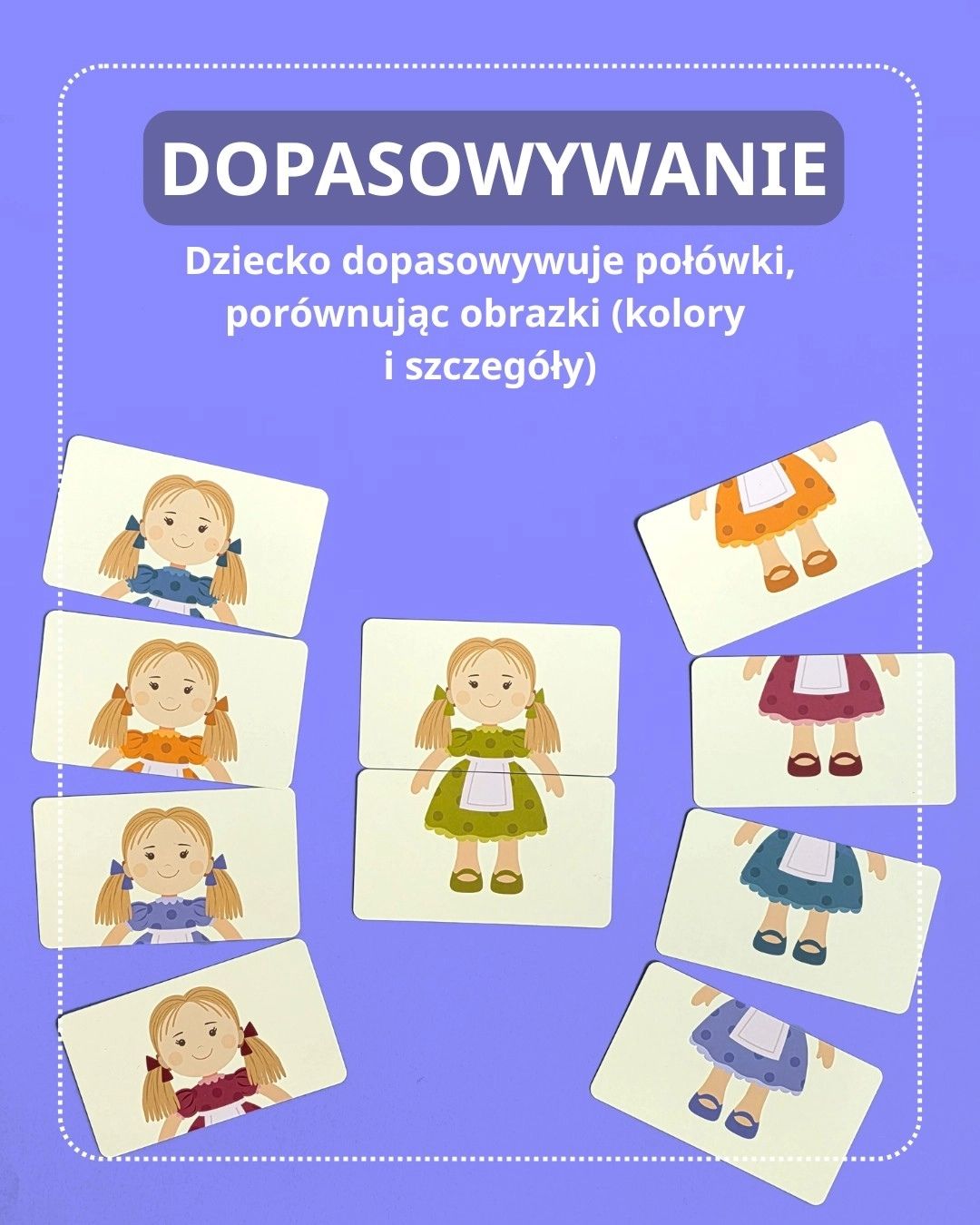 Zestaw 30 kart do układanki Połóweczki Dom i lala – trzy poziomy trudności i obrazki lali i domku