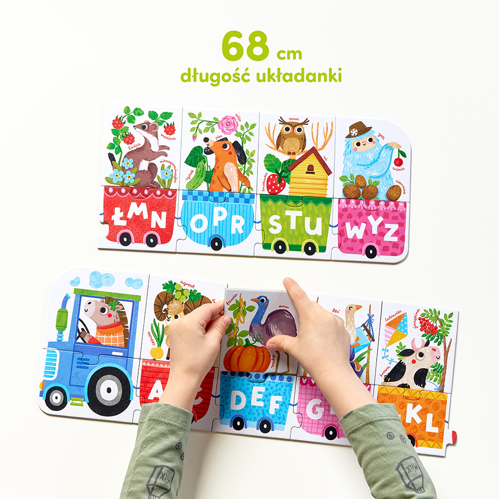 Zestaw puzzli Literkowy traktor o długości 68 cm z elementami do nauki liter dla dzieci 3 plus