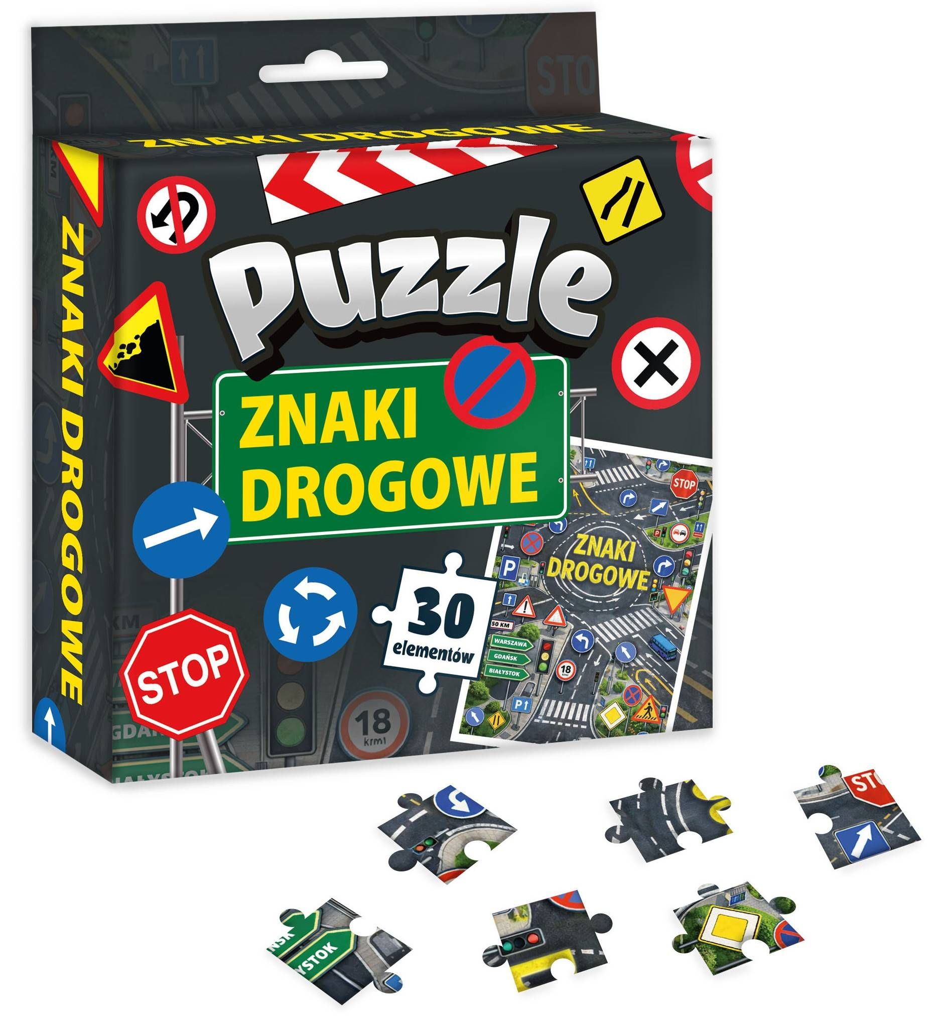 Puzzle edukacyjne Znaki drogowe KANGUR, 30 elementów, widok opakowania
