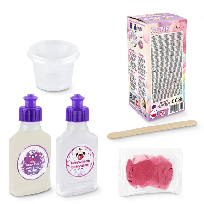 Elementy zestawu DIY Slime Fluffy TUBAN: klej biały PVA, piasek Fluffy, aktywator i pojemniczek do przechowywania slime