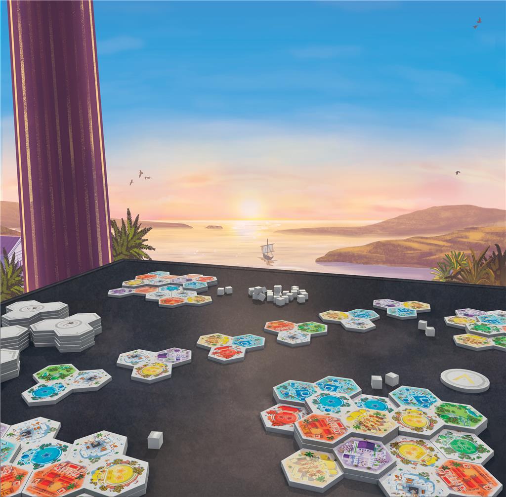 Elementy strategicznej gry planszowej Akropolis Lucky Duck Games – kafelki domów i świątyń