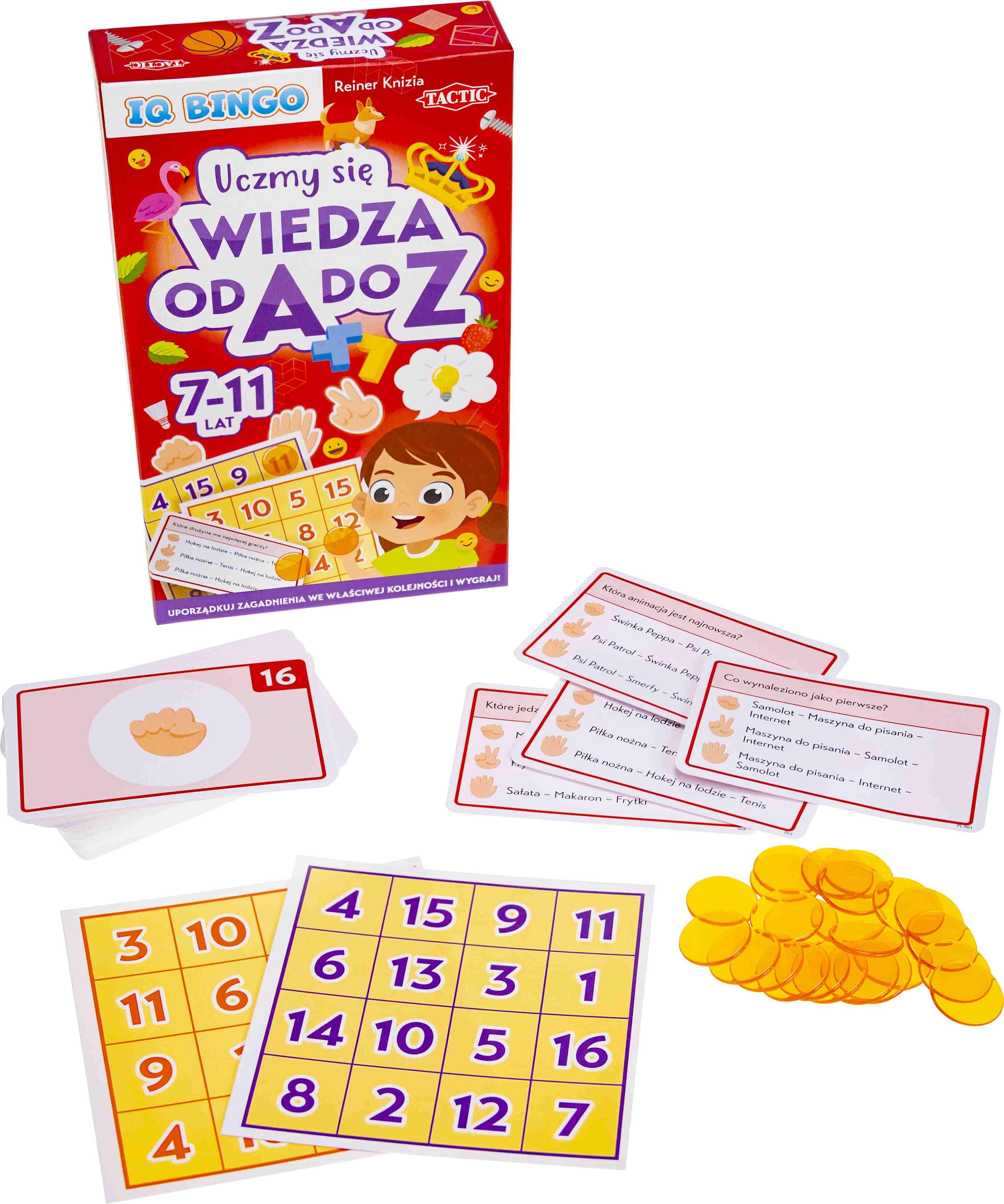 Gra quizowa Wiedza od A do Z Tactic Games z zadaniami bingo dla dzieci w wieku 7–11 lat.