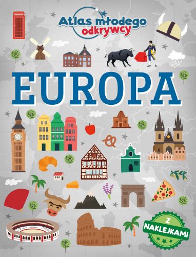 Atlas dla dzieci o Europie Omnibus z kolorowymi naklejkami, zachęcający do poznawania krajów kontynentu.