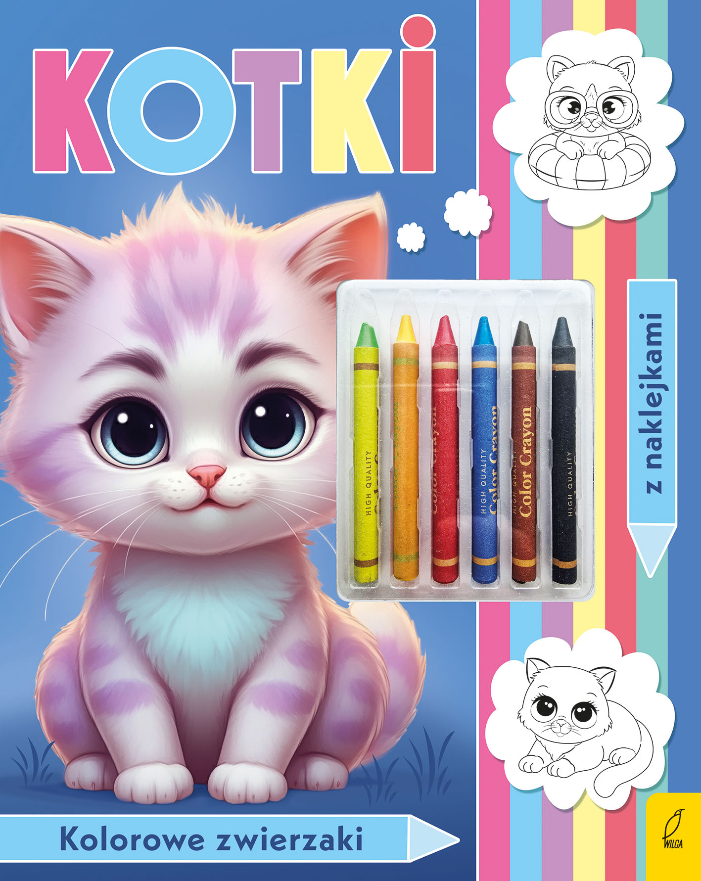Kolorowanka dla dzieci Kotki Wilga z kredkami, zestaw do kolorowania ilustracji z kotami