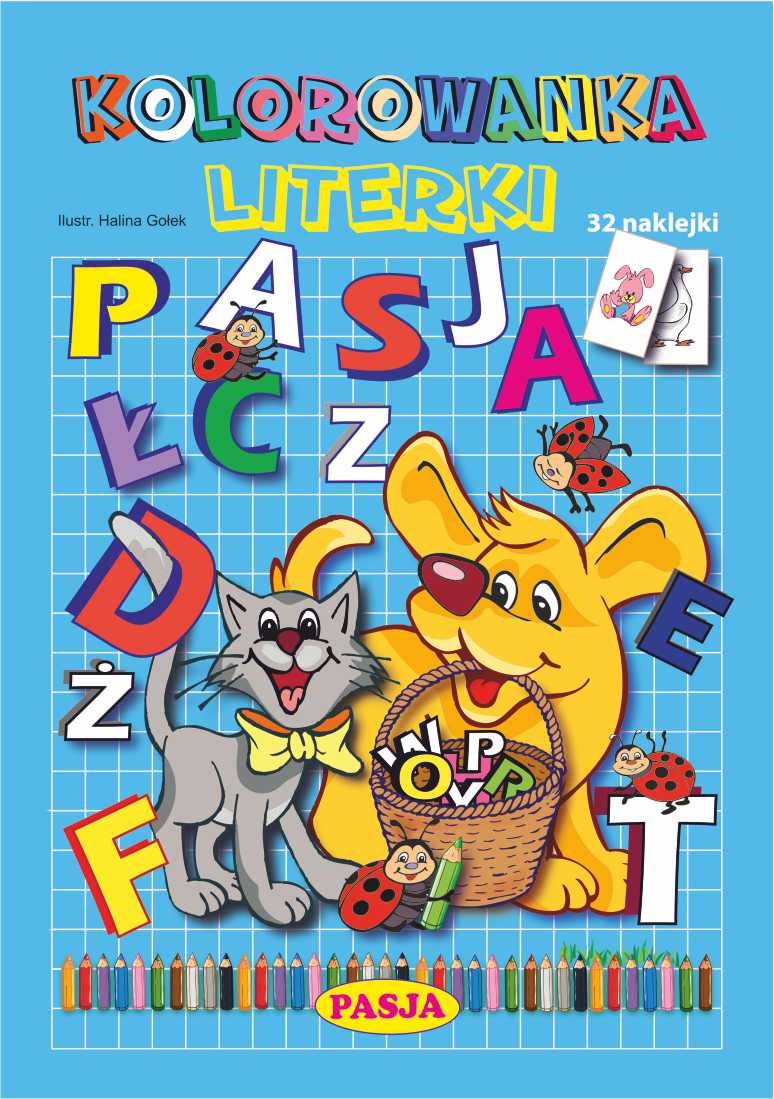 Kolorowanka Literki Pasja, książeczka edukacyjna dla dzieci z naklejkami