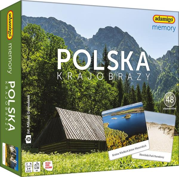 Gra Memory Polska Krajobrazy ADAMIGO z kolorowymi zdjęciami polskich krajobrazów i kafelkami do dopasowywania