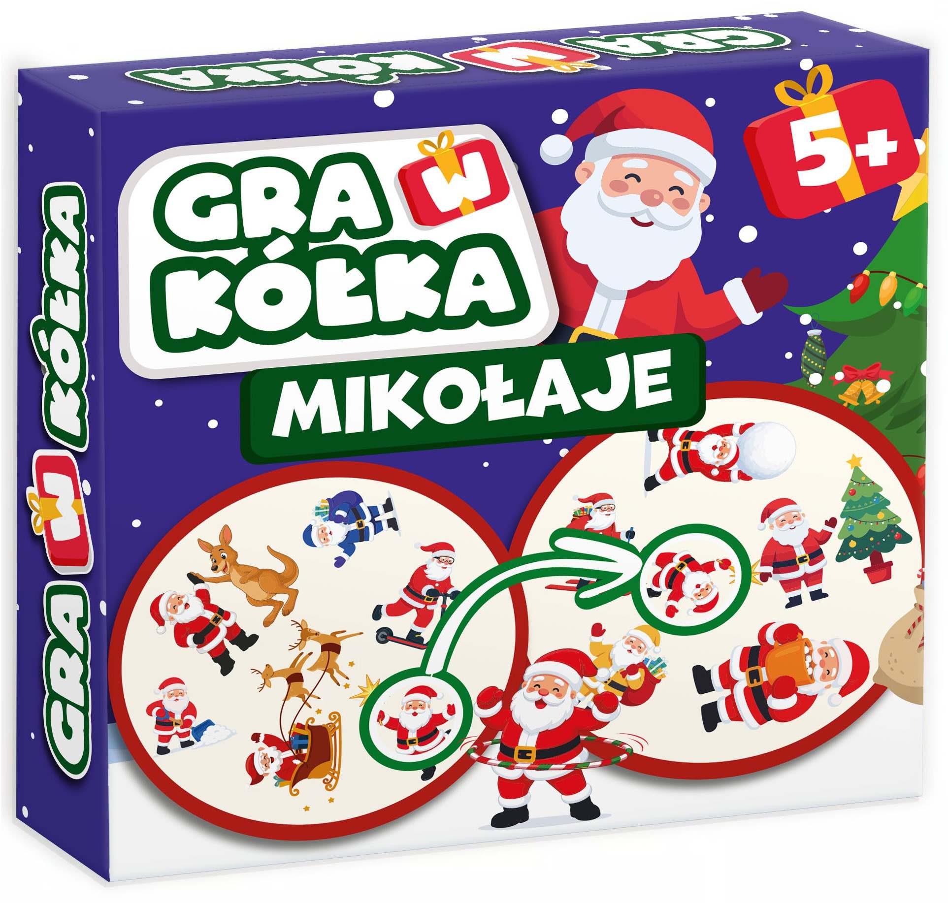 Karty gry KANGUR z podobnymi ilustracjami Mikołajów, na których gracze odnajdują taki sam obrazek.