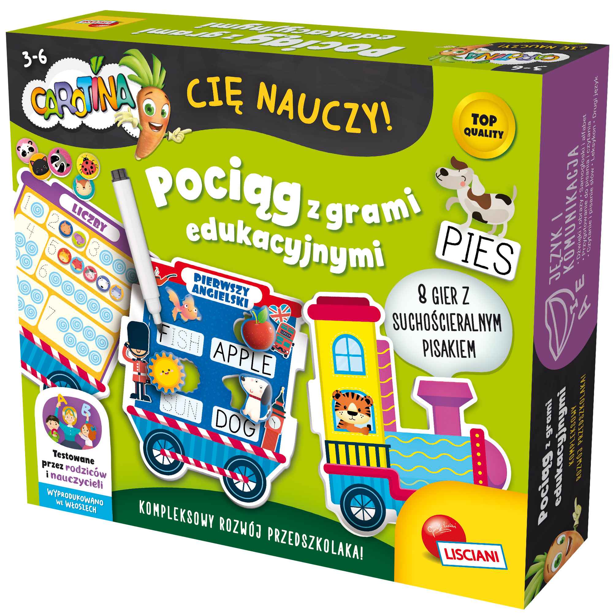 Carotina Pociąg Lisciani, edukacyjna gra 3w1 o alfabecie, liczbach i angielskim