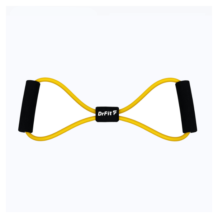 Żółta guma oporowa DrFit 37 cm w kształcie ósemki z piankowymi uchwytami