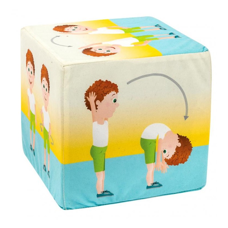 Piankowa kostka Ćwiczenia: widok jednej ścianki z kolorową ilustracją ćwiczenia i oznaczeniem wymiarów 30×30×30 cm, classroom use