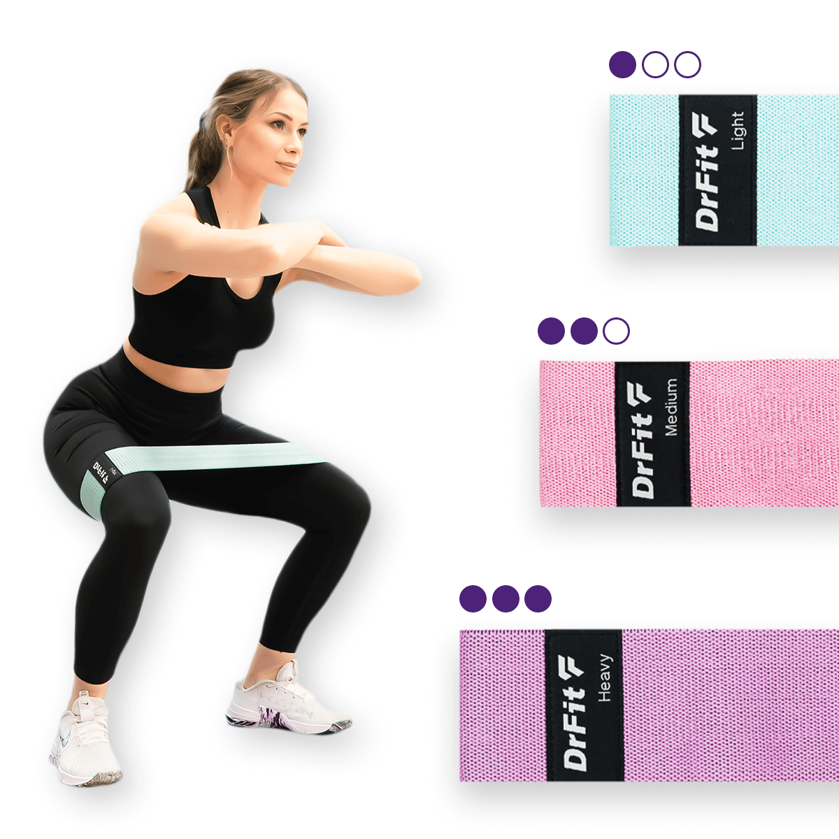 Kolorowe taśmy oporowe DRFIT z różnymi poziomami oporu do ćwiczeń