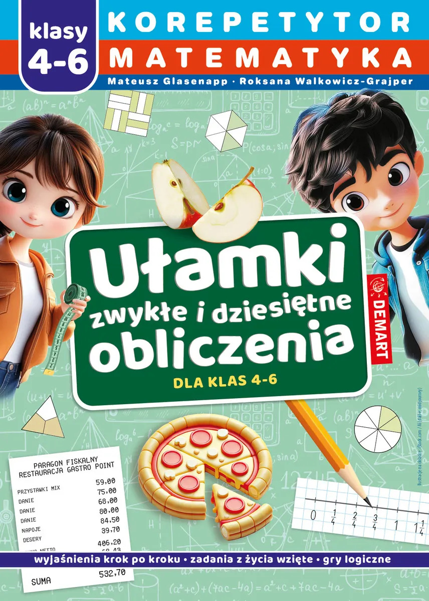 Korepetytor matematyka klasy 4–6 DEMART, książka o ułamkach zwykłych i dziesiętnych